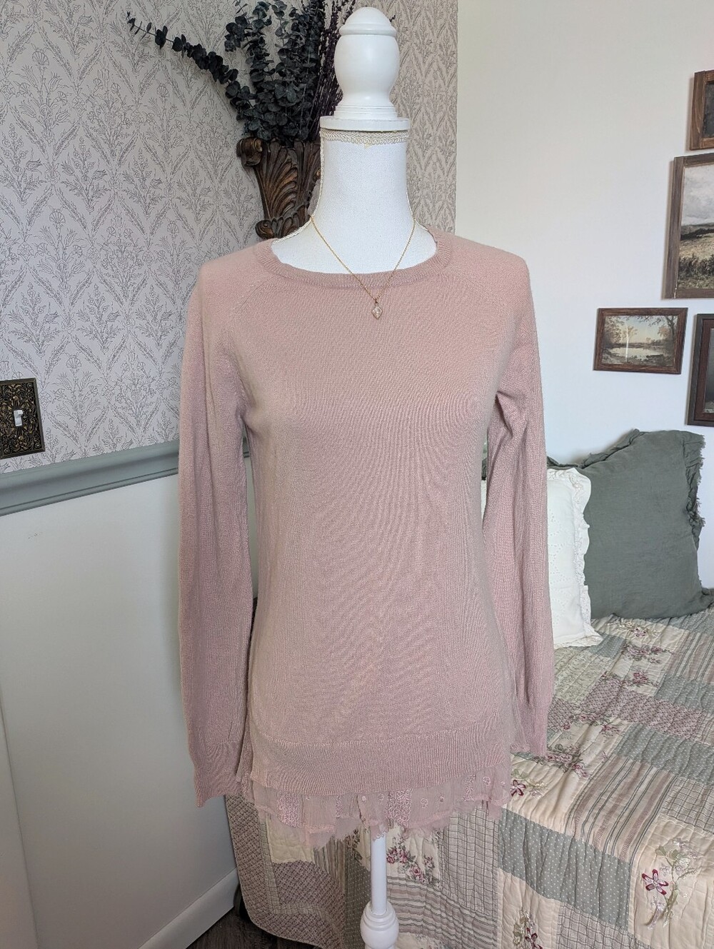 Garnet Hill Shirttail 100% Cashmere Silk Lace Sweater Pink M
